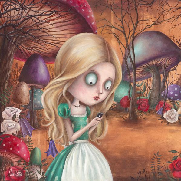 Alice in wonderland with an iphone surrounded by mushrooms and flowers, pop surrealistic painting from Berlin