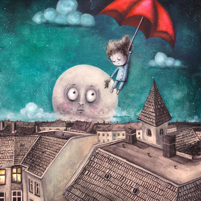 illustration for children, boy with red umbrella at night flying over the city, full moon is watching, pop surrealistic painting from Berlin