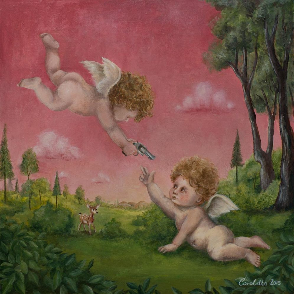 Pop Surrealism Painting, angel pointing a weapon at another angel, artwork by Caroletta from Berlin