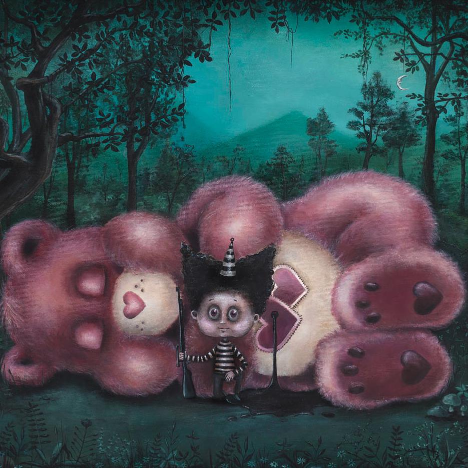 a hunter boy with a dead care bear (love a lot bear), pop surrealistic artwork by Caroletta from Berlin