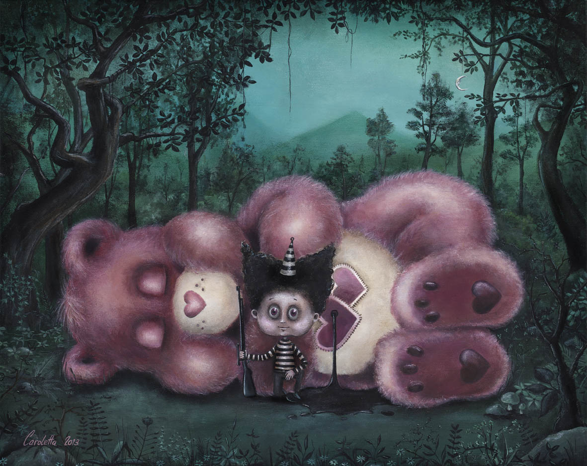 a hunter boy with a dead care bear (love a lot bear), pop surrealistic artwork by Caroletta from Berlin