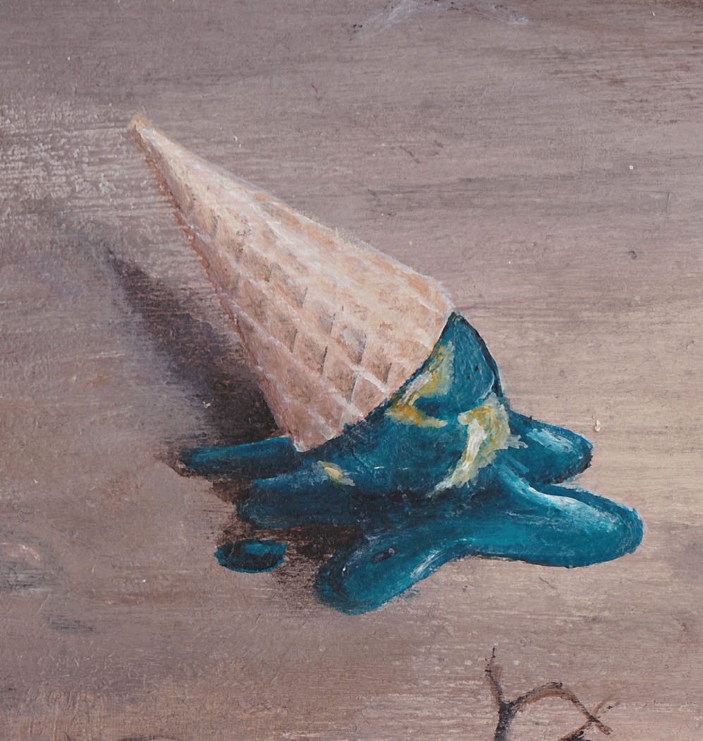 planet eart melting in an ice cream cone on the floor, pop surrealistic painting