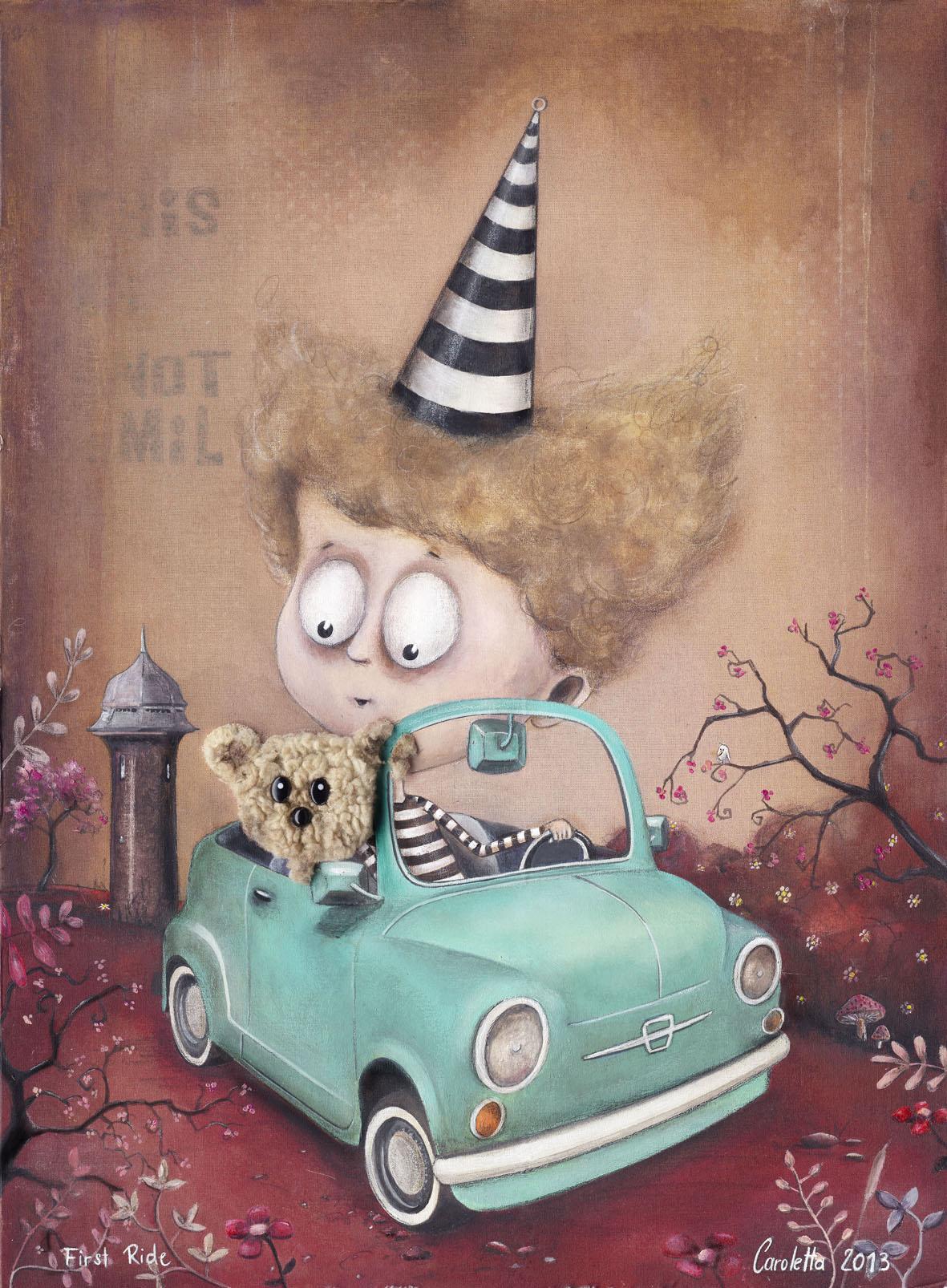 boy with teddybear and striped cone on his head in an old fiat, pop surrealistic art